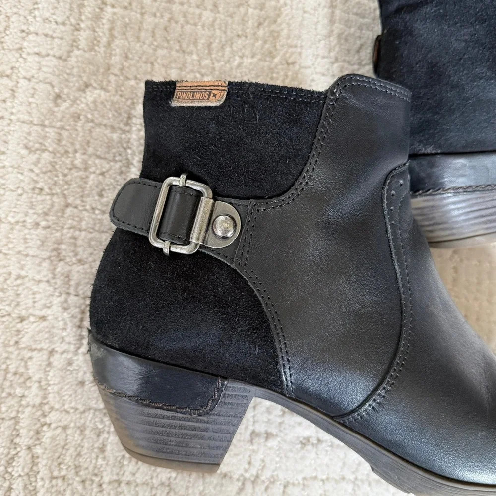 Pikolinos Black Leather Suede Ankle‎ Boots Zip Buckle 40 US 9/9.5 Comfort Moto